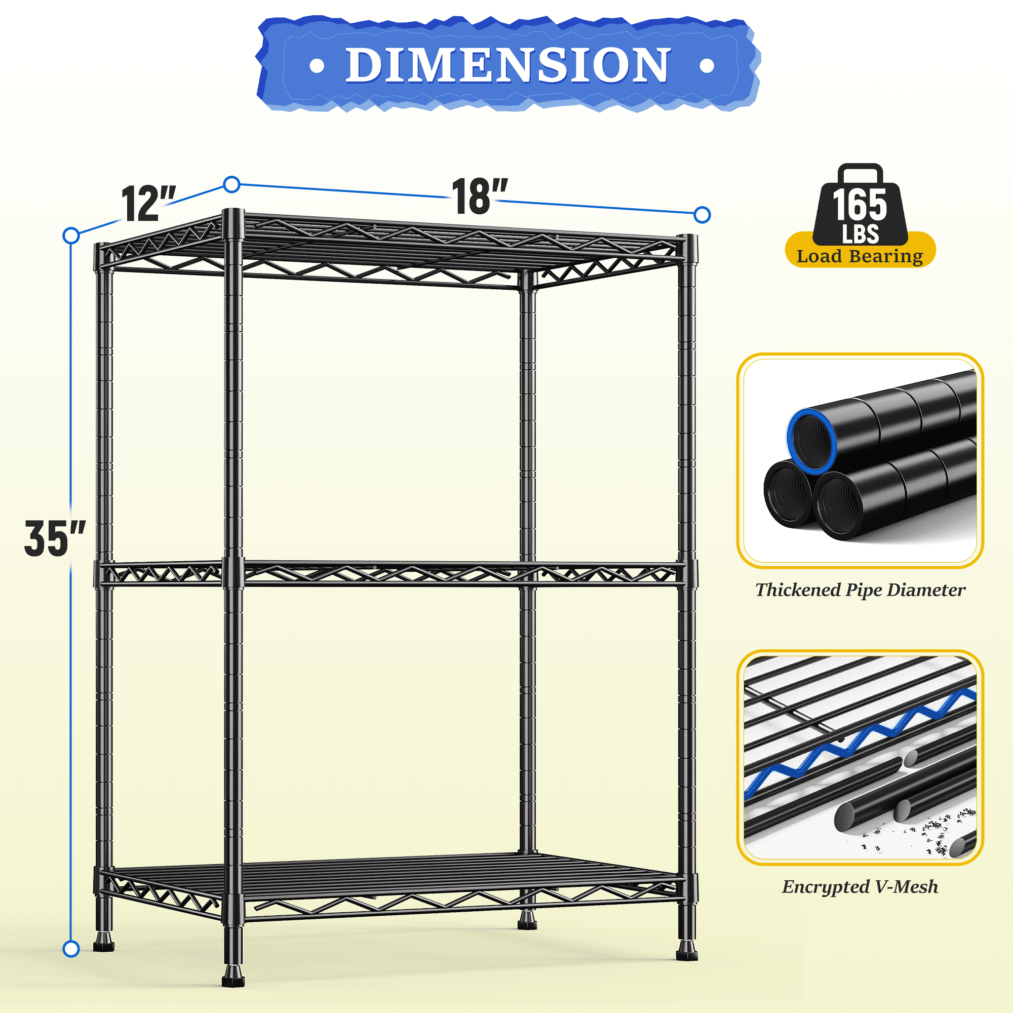REIBII 3 Tier Metal Storage Shelves,Adjustable Small Wire Shelving Unit,Laundry Room Shelves,35" H x 18" W x 12" D Kitchen Pantry Organizers,Black