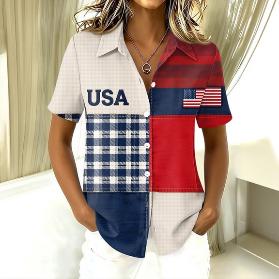 IYYVV 4th of July Shirts Women American Flag Patriotic Shirt Independence Day Short Sleeve Button Down Shirts Dark Blue XL