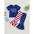 thumbnail image 2 of Bagilaanoe 4th of July Clothes for Toddler Baby Girls Short Sleeve Letter Print T-Shirts Tops + Striped Patchwork Trousers 12M 18M 24M 3T 4T 5T Kids Independence Day Outfits 2pcs Long Pants Set, 2 of 9