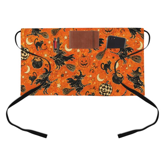 Halloween Kitchen Restaurant Half Waist Apron, Retro Black Cat Witches Brooms Orange Moon Stars Server Short Apron with 3 Pockets Waterproof Oil Waist Aprons for Women Waitress Waiter