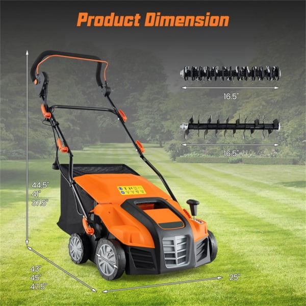 imerelez Corded Electric Lawn Mower:Corded Electric Lawn Dethatcher with 16-Inch Cutting Width, Wear-Resistant Wheels & Large Removable Grass Bag for Home Lawn - Orange