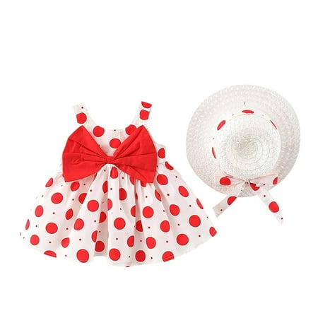 

Odeerbi Baby Girl Clothes Girls Dresses Toddler Kid Summer Bow Polka Dot Suspender Dress With Hat