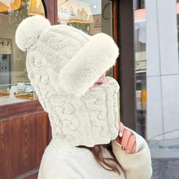 Kelon Plush Lined Hood Beanie with Integrated Scarf, Windproof Coldproof Knitted Warm Headwear for Women, One Size Bomber Hats