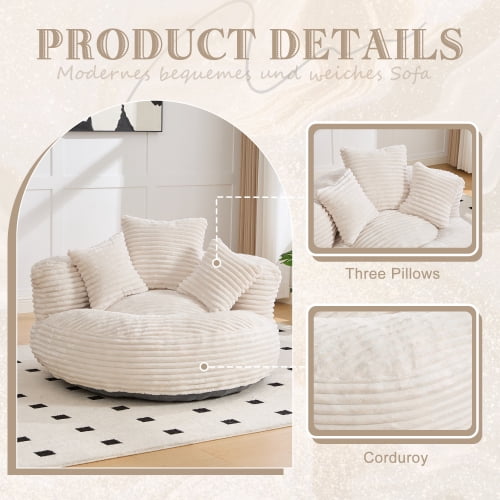 Oversized Bean Bag Chair with Armrest & 3 Pillows, Corduroy Bean Bag Sofa for Adults, High-Density Memory Foam Filling, Lazy Lounger for Bedroom, Living Room, Dorm, Beige