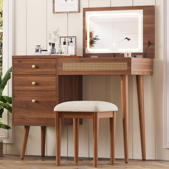 39" Bohemian Style Wooden Makeup Vanity Desk with Stool, Retro Vantiy Desk with Mirror, LED Lights, Flip-Top Tabletop, Dressing Table with 3 Storage Drawers for Bedroom, Dressing Room (Walnut)