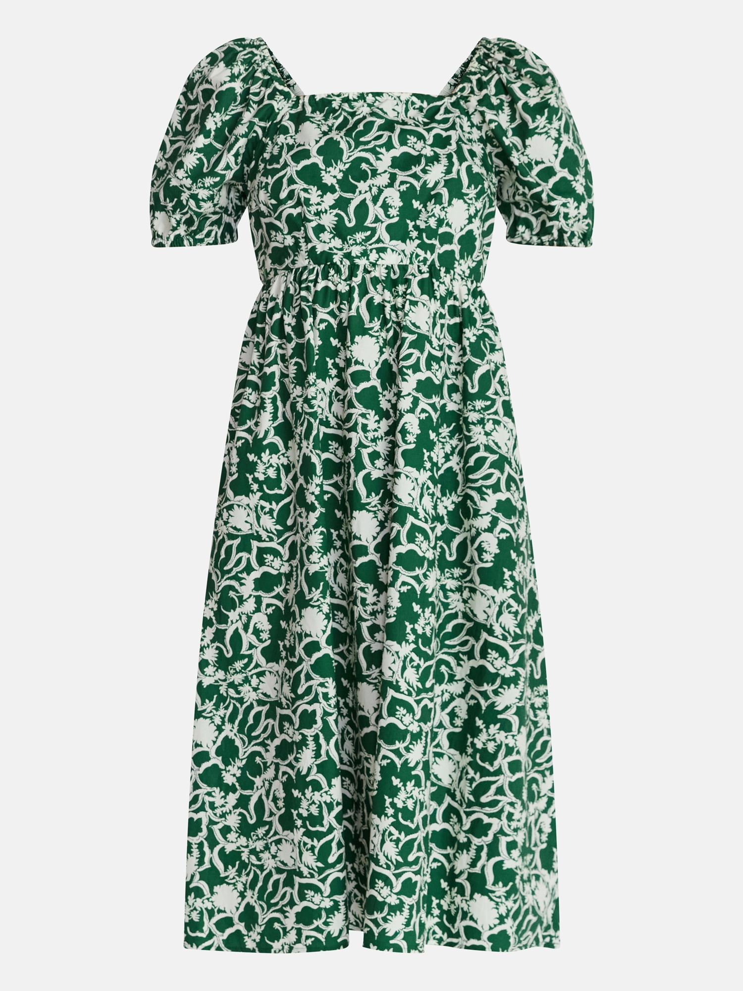 Time and Tru Women's and Women's Plus Cotton Back Tie Midi Dress with Short Puff Sleeves, Sizes XS-4X