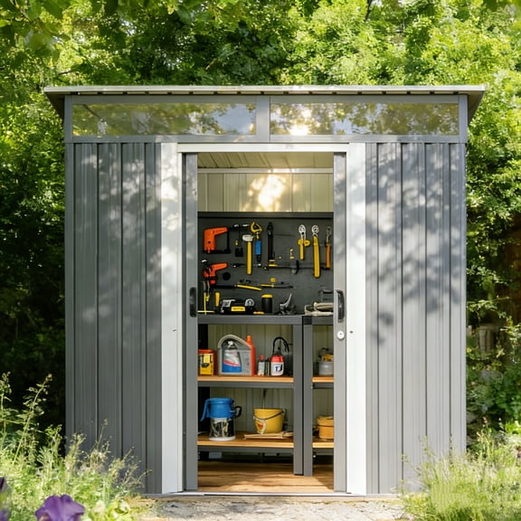 6x4 FT Shed Outdoor Storage Shed, Lofka Metal Garden Shed with Lockable Sliding Door & Slooping Roof, All-Weather Tool Shed for Backyard, Gray