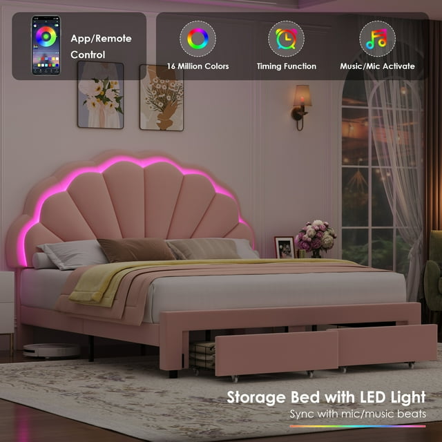 Homfa Cadre de Lit Grand Moderne avec 2 Tiroirs, Cadre de Lit Plateforme avec Lumières DEL et Tête de Lit Rembourrée Capitonnée Ajustable, Rose