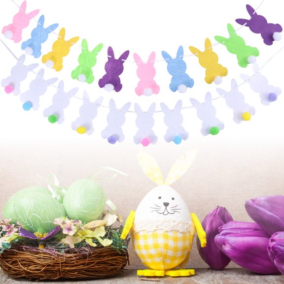 Phenofice Easter Banner with Assorted Color Rabbit Felt Balls for Home Party Decor 2Sets