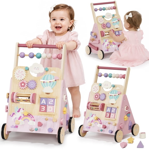 Baby Push Walker, Wooden Baby Walking Toys for 1 Year Old, Adjustable Speed Walker for Baby Boy Girls, Unicorn Toddler Walker, Montessori Walker Toy, Sit to Stand Walker with Baby Activity Center