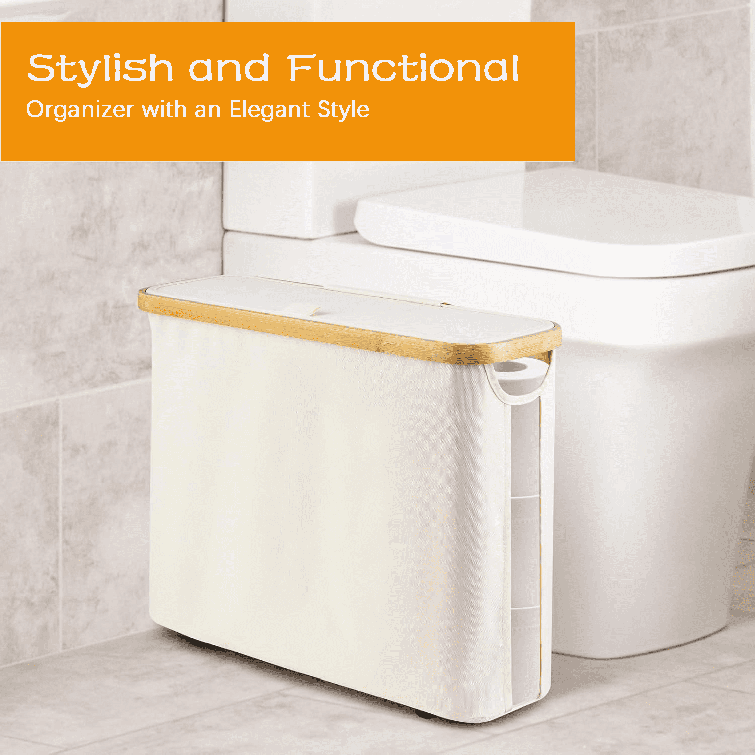 Toilet Paper Storage Toilet Paper Organizer with Lid Free Standing Toilet Paper Bin with Footbase for Bathroom, Bamboo, Collapsible Toilet Paper Container Holder for up to 9 Mega Rolls (Beige)