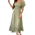 thumbnail image 3 of Robe Midi à Manches Courtes pour Femme, Encolure Carrée, Couleur Contrastante, Décontractée, Rick Rack, Robes Smockées, Vert m, 3 of 7