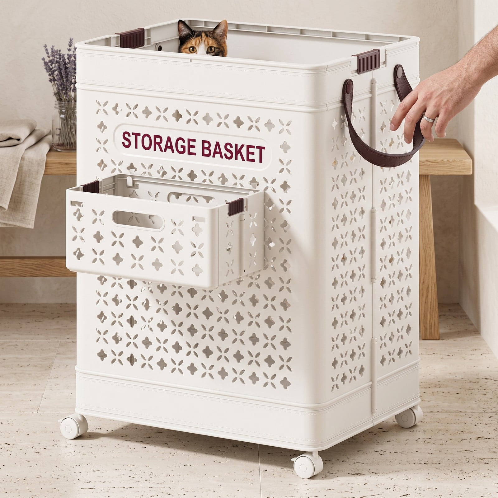 Fenbeli Collapsible Laundry Basket 20 Gallon, Plastic Foldable Laundry Hamper with Wheels, Handles and Hanging Basket, Waterproof PP Clothes Storage Bin Sorter, White