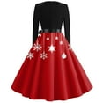 thumbnail image 3 of Women's Christmas Print Flare Dress with Snowflake, Christmas Tree and Snowman Pattern, Long Sleeve V-Neck Vintage Party Dress for Holiday Festive Occasions,Red,Size L, 3 of 4