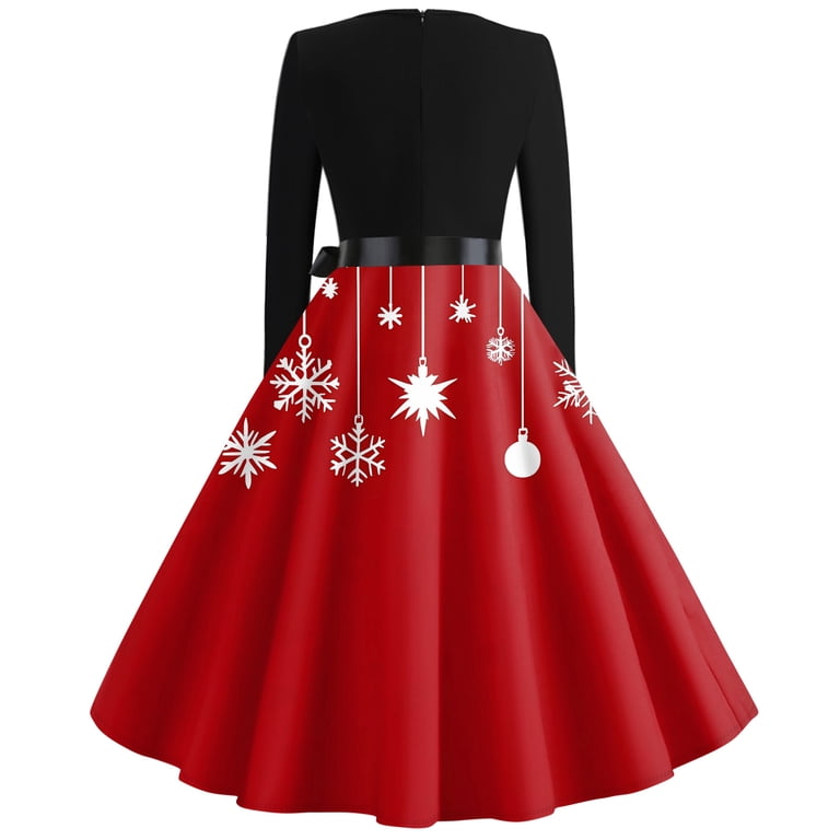 christmas print party dress Women's Flare with Snowflake, Christmas Tree and Snowman Pattern, Long Sleeve V-Neck Vintage Dress for Holiday Festive Occasions,Red,Size S tumble dry low