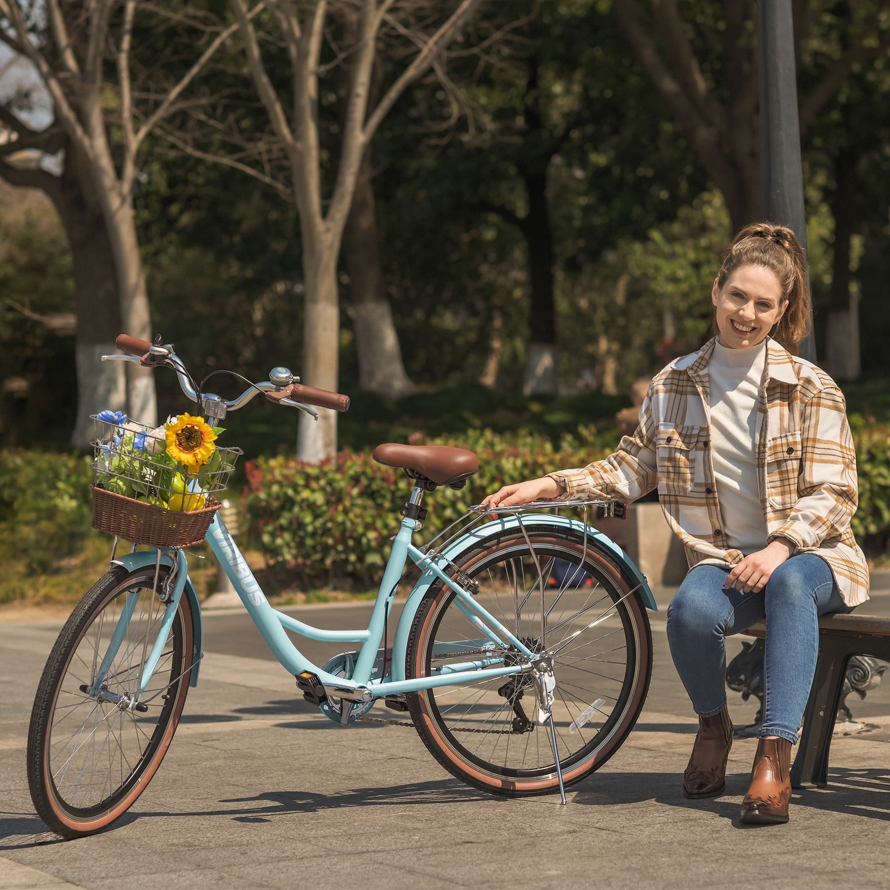VIRIBUS Women's Bike 26" Beach & City Cruiser Bicycle with 7 Speed Basket Mint