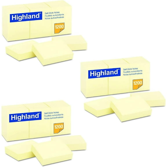 Highland 6539YW Self-Stick Notes, 1 1/2 x 2, Yellow, 100-Sheet Pack of 36