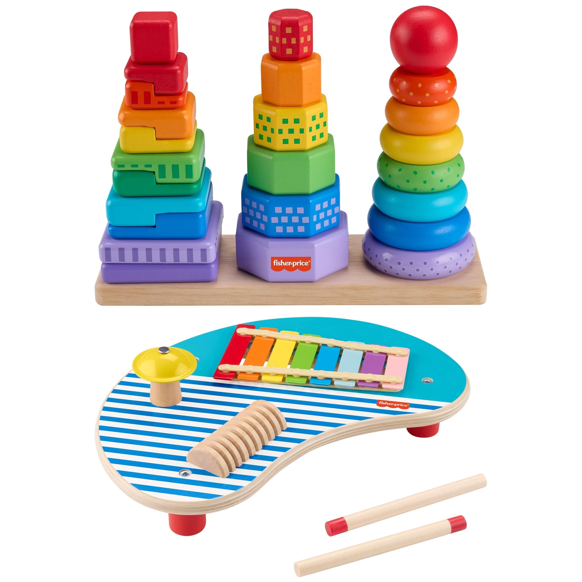 Fisher Price Wood Rainbow Stacking Toy & Wood Musical Table, Fine Motor Toy for Toddlers, Ages 2+