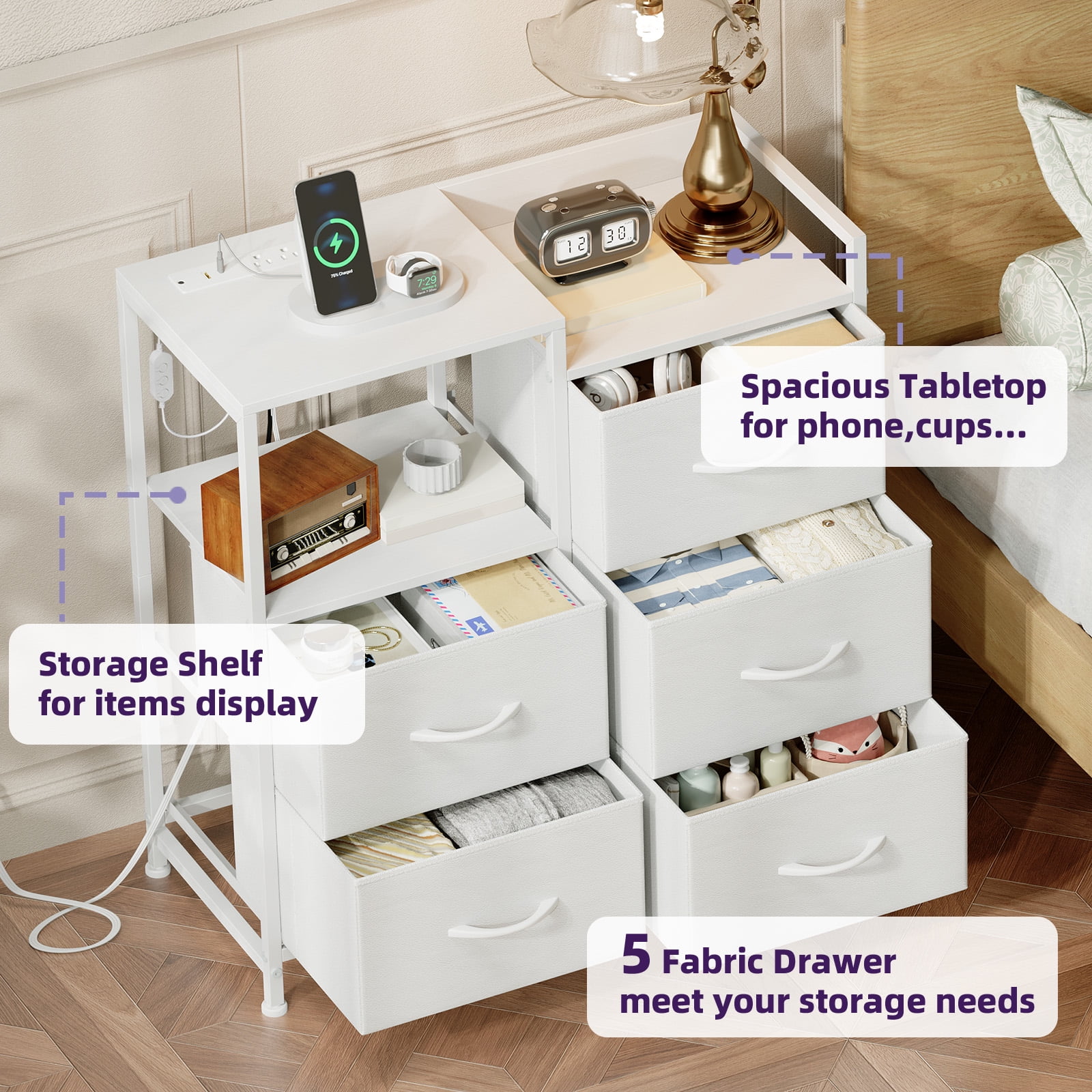 Eunos 5 Wide White Drawers Dresser with Charging Station and Open Shelf for Bedroom Closet Dorm