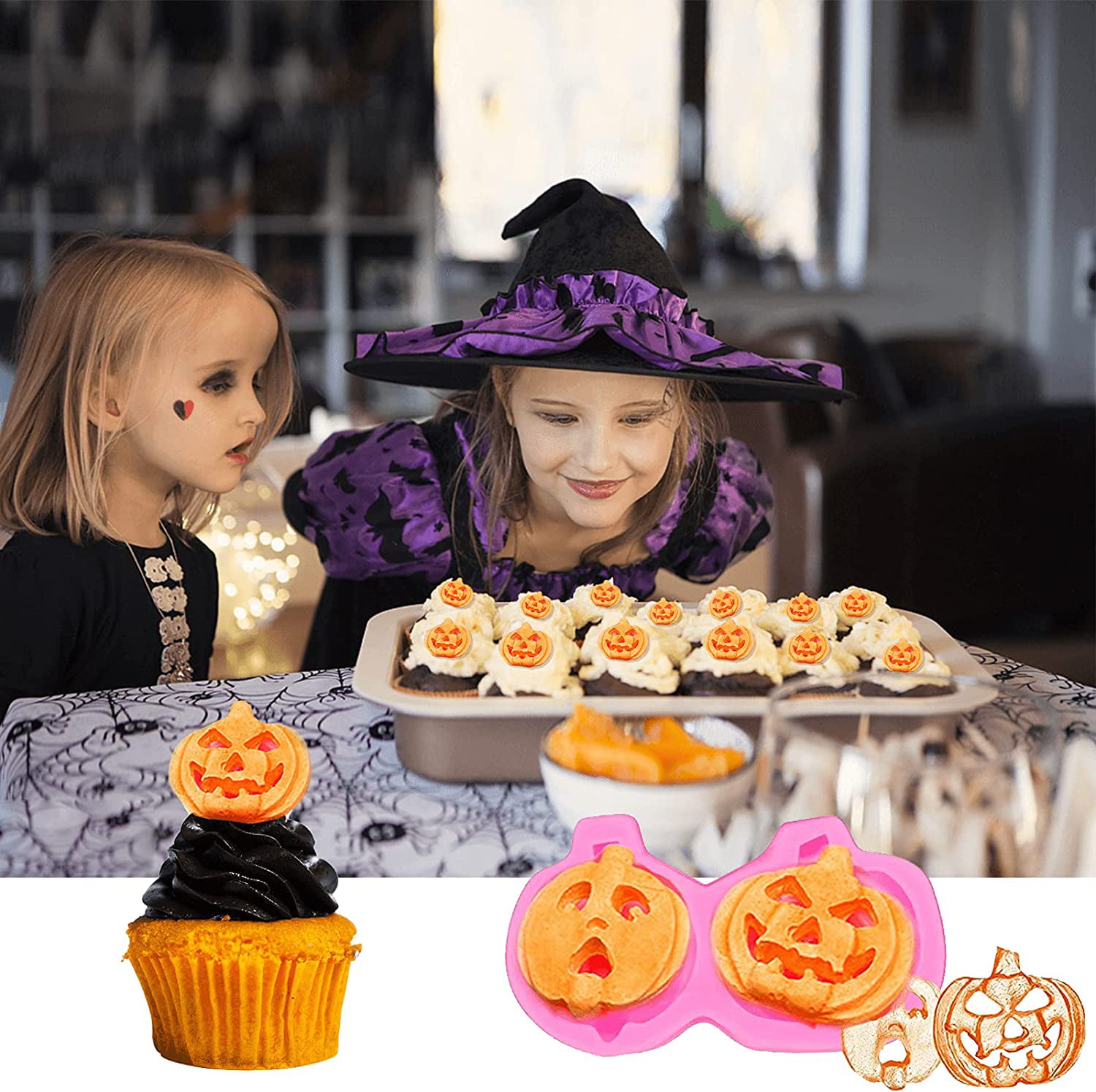 9Pcs/Set Halloween Themed Fondant Mold Pumpkin Skull Spider Skeleton Owl Branch Bat Silicone Chocolate Candy Mold for Halloween Party Cupcake Cake Topper Decorating 