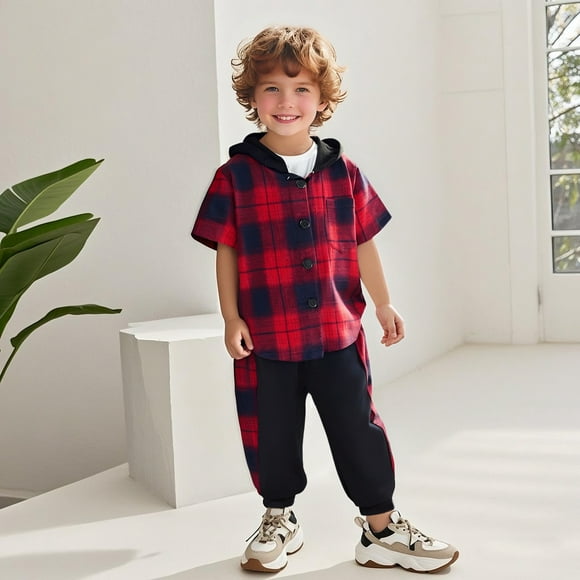 WEAIXIMIUNG Baby Boy Take Home Outfit Toddler Boys Girls Short Sleeve Patchwork Plaid Prints T Shirt Hooded Tops Pants Kids Outfits 3Y