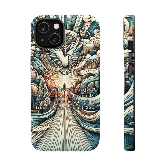DistinctInk Tough Case for Apple iPhone 14 PLUS (6.7" Screen), Compatible with MagSafe Charging - Peace Through Steadfast Trust: Isaiah 26:3
