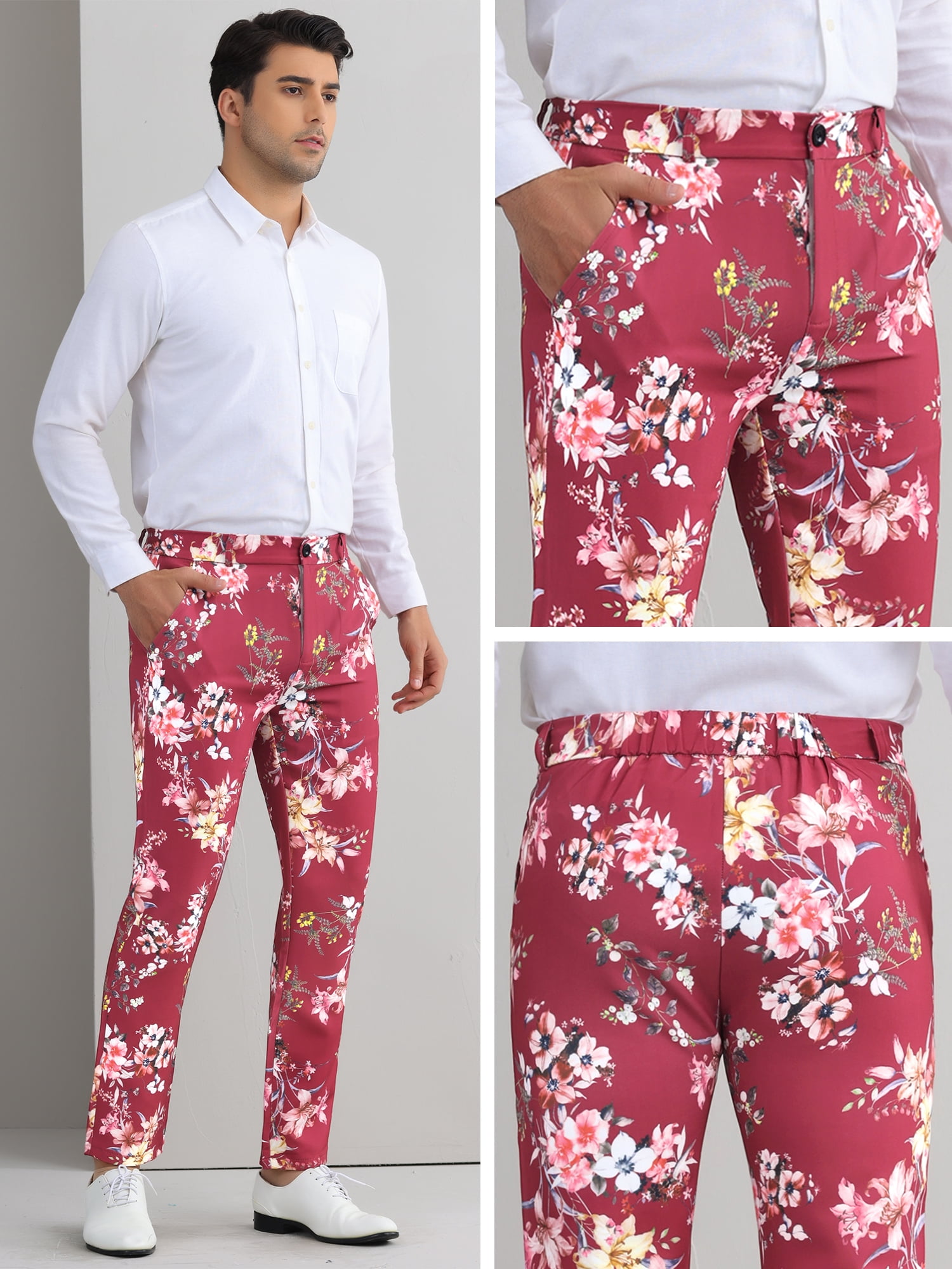 DARING DIVA Men's Flat Front Party Flower Printed Slacks Dress Pants 38 Burgundy Pink
