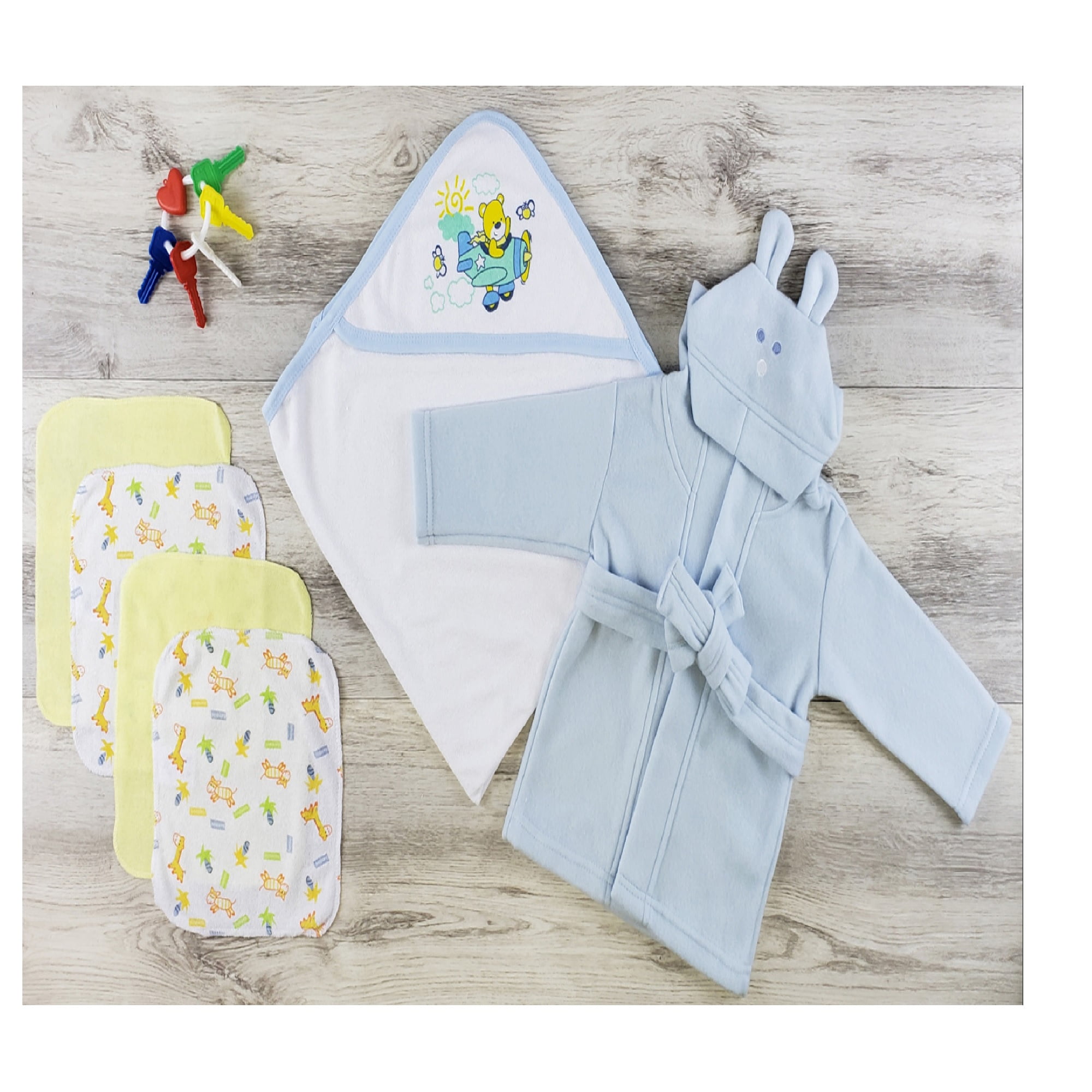 Set of 6 Baby Blue, Yellow, and White Infant Clothing Essentials Hooded Towel, Robe, and Wash