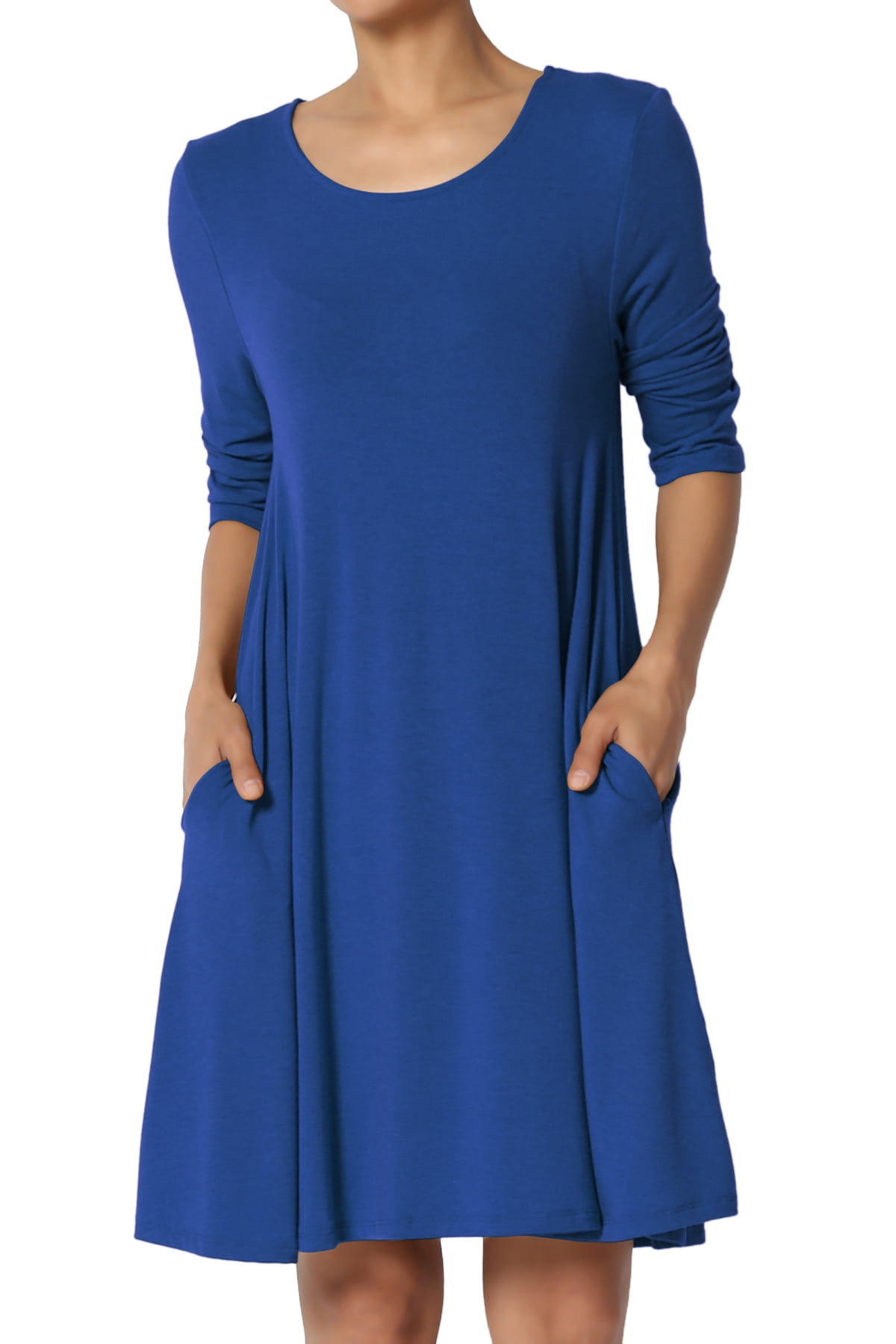 TheMogan Women's S~3XL Basic 3/4 Sleeve Swing Flared Tunic Dress Pocket ...