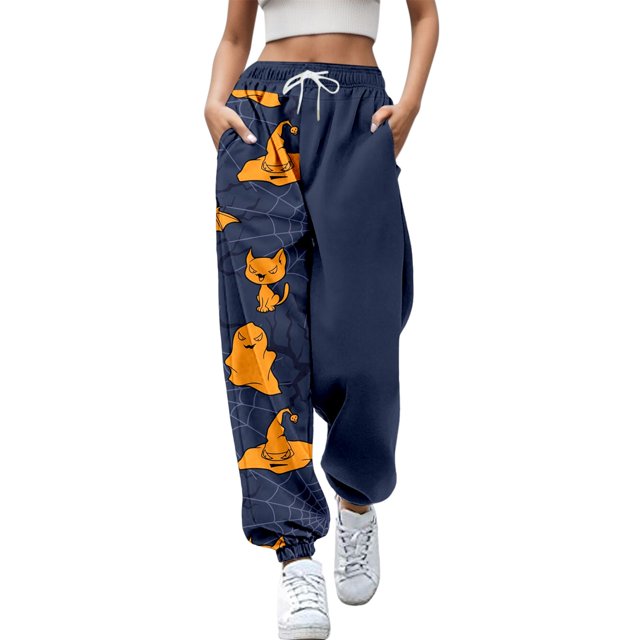 Pantalones de vestir Gibobby Pantalones de moda para mujer Pantalones de chándal Halloween calabaza Cintura alta con Bolsillos Negro XXL