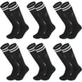 thumbnail image 1 of Nvzi 6 pares de calcetines de fútbol de rayas lisas hasta la rodilla, calcetines deportivos de tubo para niños de 6 a 12 años, color negro, 1 of 4