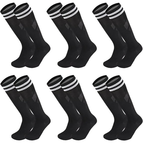 Xiao Hua 6 pairs of 6-12 year old solid color striped knee high sports socks, black