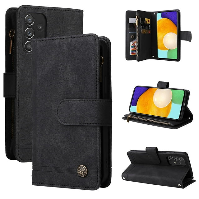 Étui pour Samsung Galaxy A52 5G Housse à Fermeture Éclair Portefeuille Magnétique Protecteur - Noir