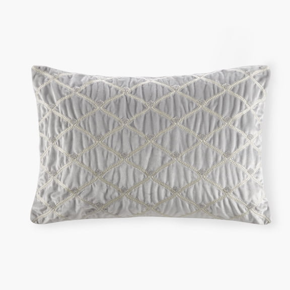 Silver Velvet Decorative Pillow - 22"x15" Oblong with Beaded Embellishments & Goose Feather Insert