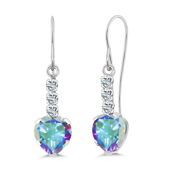 Gem Stone King 14K White Gold Mercury Mist Mystic Topaz and White Topaz French Wire Dangle Hook Earrings for Women (2.14 Cttw, Gemstone, Heart Shape 6MM)