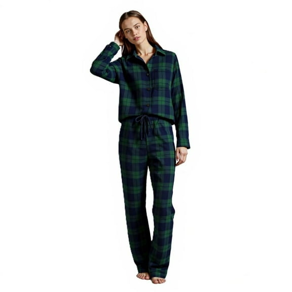 Big Feet Pajama Co. Women's Brushed Cotton Navy & Green Plaid Flannel Sleepwear Sets Pajamas, 1 Pack