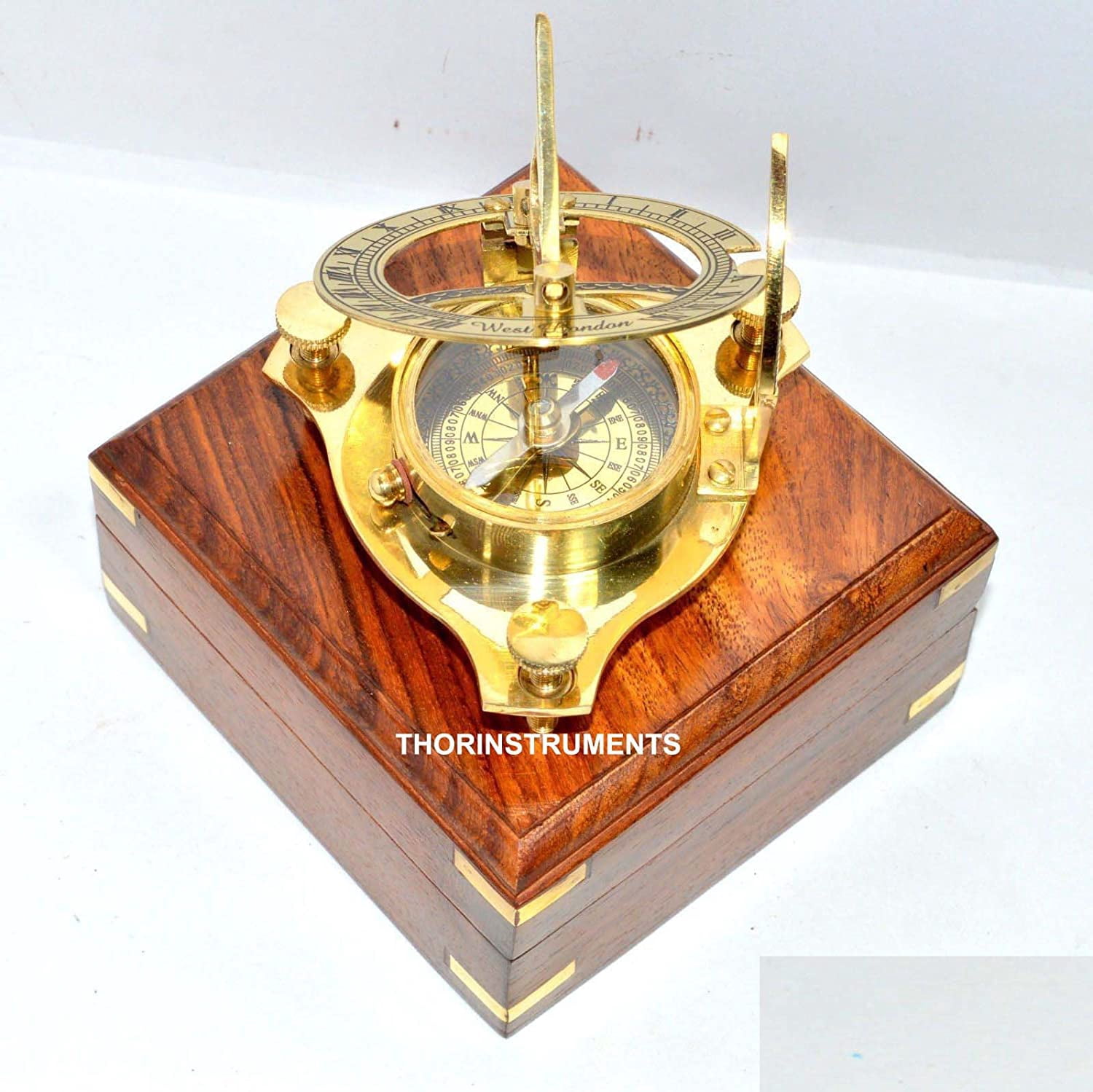 ANTIQUE BRASS SUNDIAL COMPASS WEST LONDON NAUTICAL ITEM WITH WOOD BOX FREE
