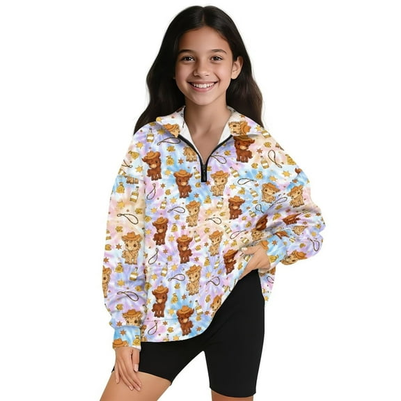 Uorisanigo Girls Sweatshirts Fashion Long Sleeve Lapel Zipper Sweatshirt Fall Trendy School Quarter Zipper Pullover Jackets for Sports and Daily Wear, Colorful Tie Dye Cowboy Horse