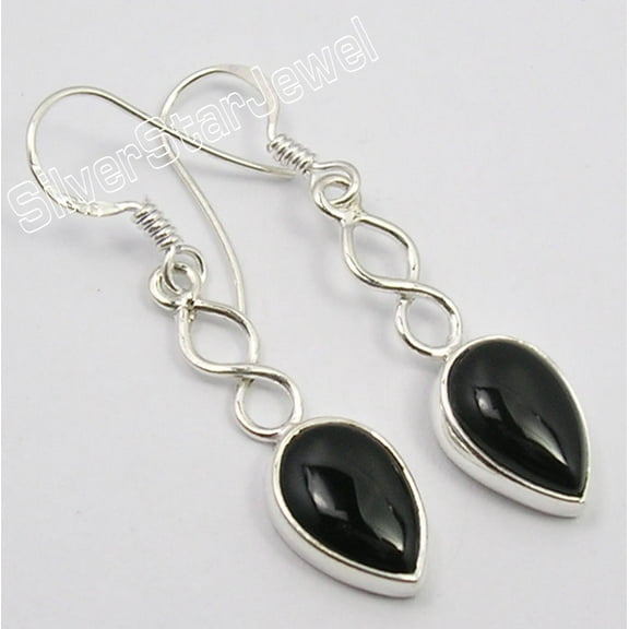 SilverStarJewel 925 Solid Silver Natural Drop Black Onyx Designer Earrings 4.1 CM Birthday Gift
