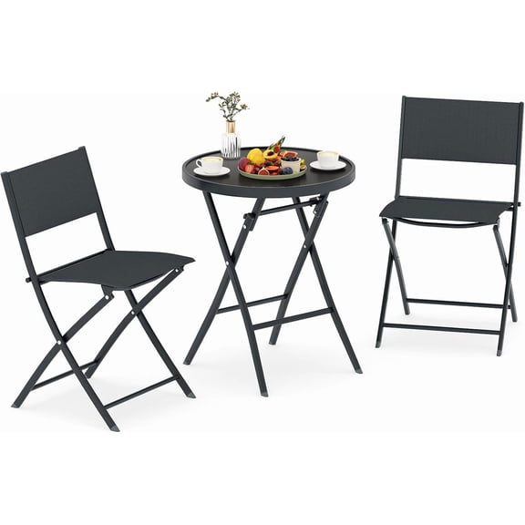 BarefHaven 3 Piece Folding Bistro Set, Patio Furniture Set with Breathable Fabric Seat & Tempered Glass Tabletop, Outdoor Metal Frame Round Table & Chairs Set for Backyard, Garden, Balcony