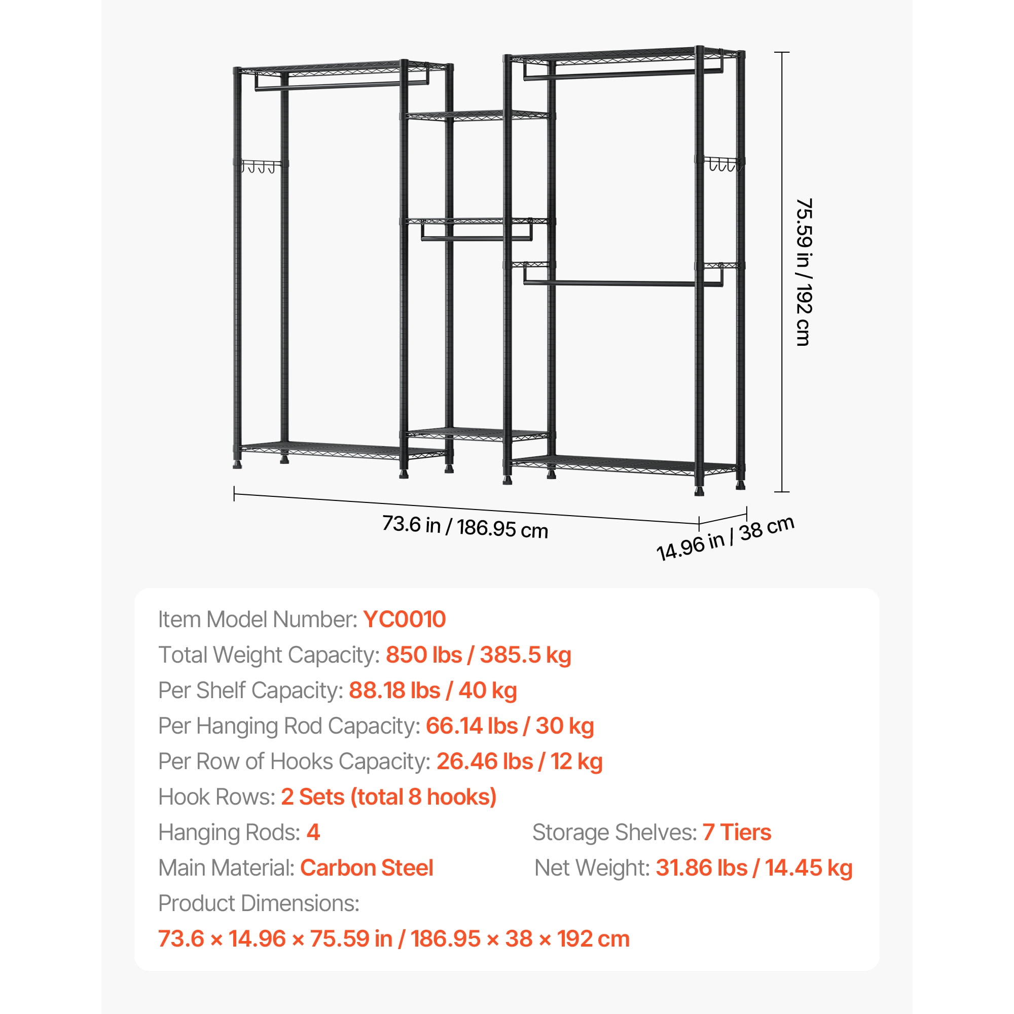 KFFKFF Heavy-Duty Garment Rack with Adjustable Tiers, Steel Frame Closet Organizer, 850 lbs Capacity, Includes 4 Hanging Rods for Bedroom, Hallway, or Clothing Store