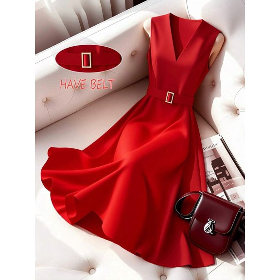 Elegant Red V-Neck Sleeveless A-Line Belted Dress For Women