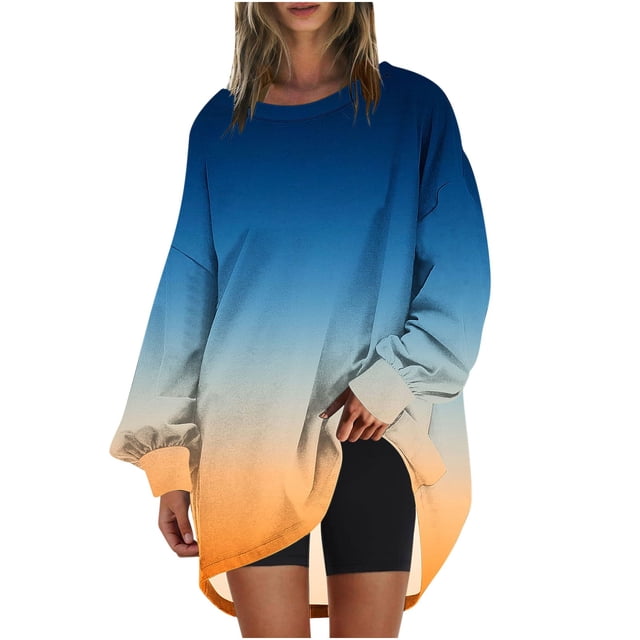 Swstbby Liquidation d'Économies d'Automne! Hauts d'Automne pour Femmes Grande Taille, Chandail à Col Rond Surdimensionné pour Femmes Imprimé Tunique à Manches Longues Bleu G