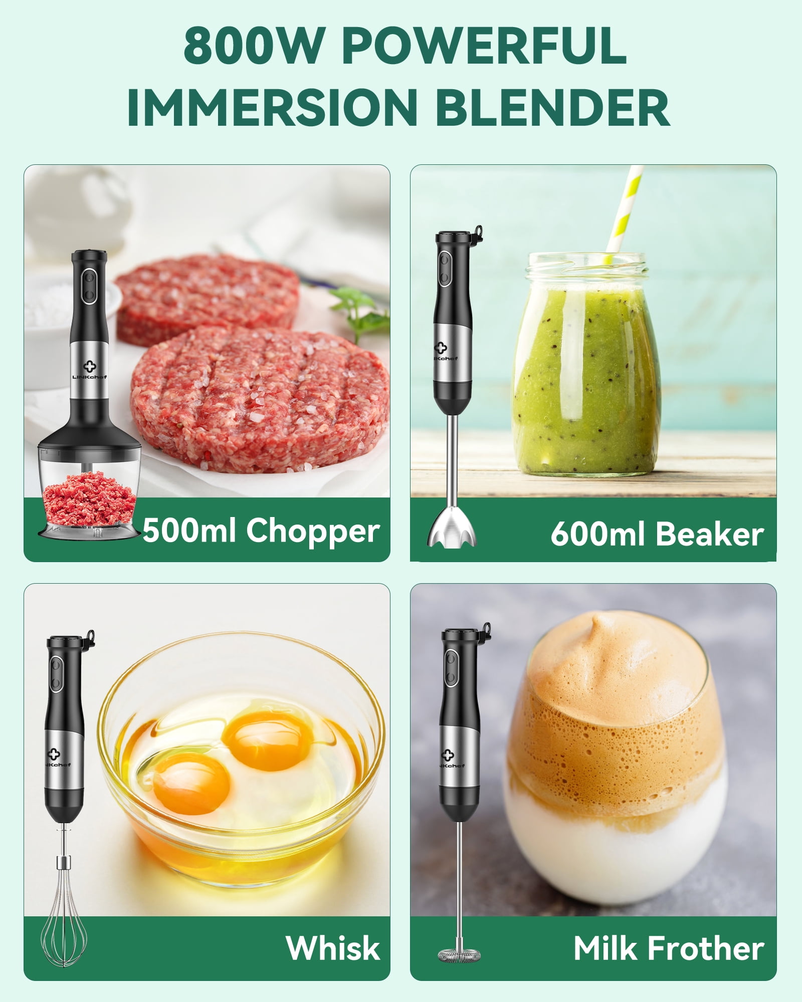 Immersion Blender, LINKChef 20-Speed 7-in-1 Hand Blender with Storage Bracket, Stick Blender with 304 Stainless Steel Blades, 600ml Beaker (Black)