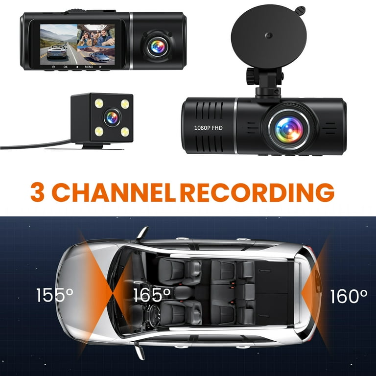 JQVV 3 Channel Dash Cam, 1080P Front and Rear Inside, Dashcam