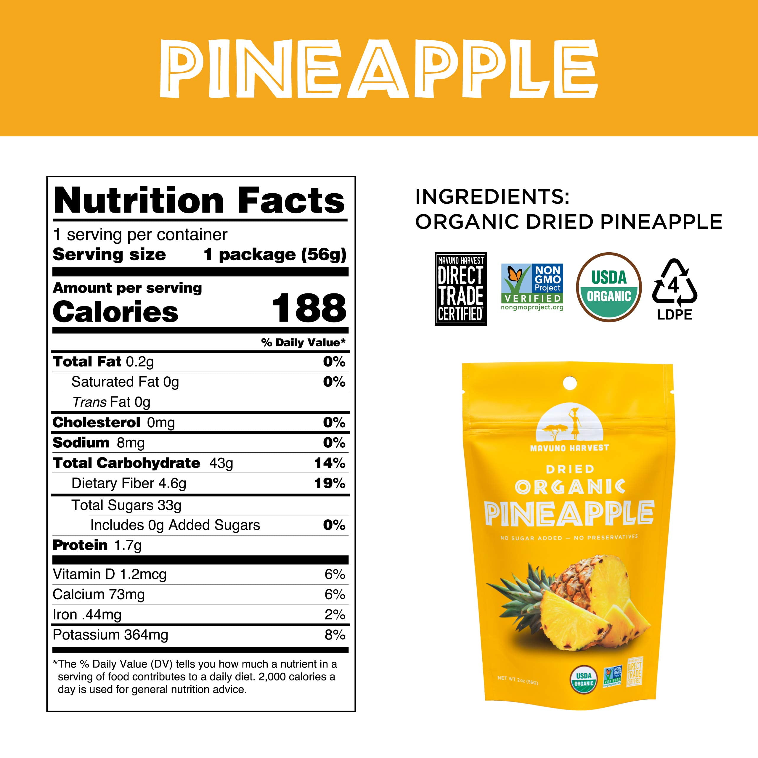 Mavuno Harvest Direct Trade Organic Dried Fruit, Pineapple, 2 Ounce, Pack of 6