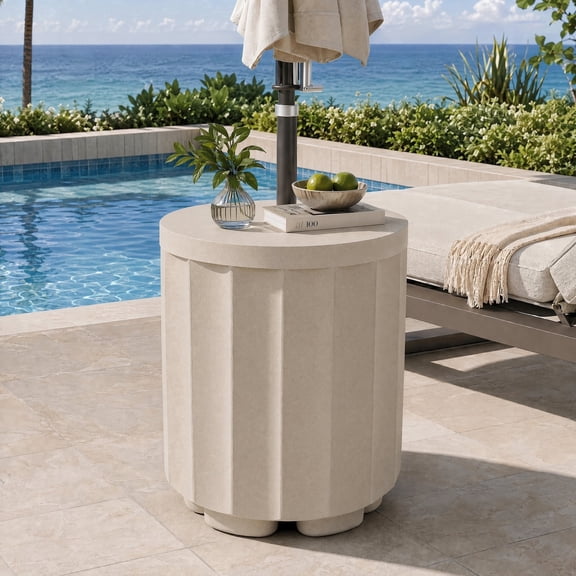 TopComfy Patio Umbrella Table with Hole, Small Outdoor Side Table with 1.5" Umbrella Hole & Water-Fill Base, Patio Free-Standing Table with Hole for Deck, Beige