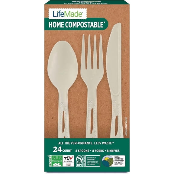 LifeMade 288 Count Disposable Cutlery Utensil Set, Home and Commercially Compostable - 12 Boxes per Case; 24 Utensils per Box (8 Fork, Spoon, and Knife Sets)