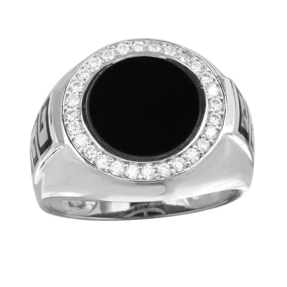 Rhodium Plated 925 Sterling Silver Men's Flat Round Onyx Ring Band White CZ Female Size 10