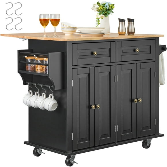 KFFKFF Mobile Kitchen Cart, 43" Wooden Surface, Storage Cabinet Included, Movable Table with Foldable Extension, Condiment Holder, Towel Hanger, Modifiable Shelf, Drawer, Hooks, Black